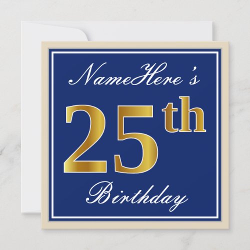 Elegant Blue Faux Gold 25th Birthday  Name Invitation