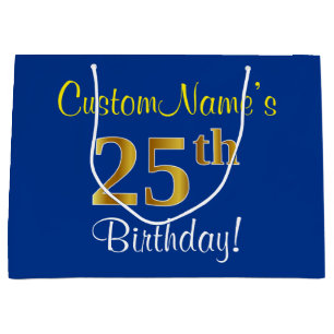 Elegant, Blue, Faux Gold 25th Birthday + Name Large Gift Bag