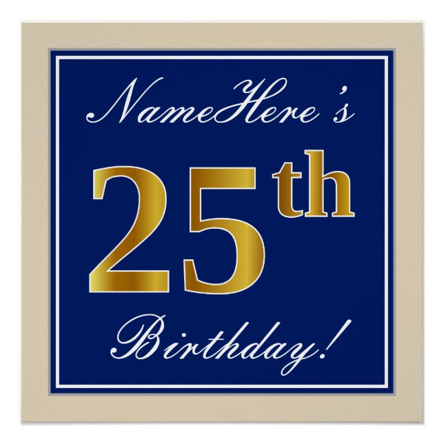 Elegant, Blue, Faux Gold 25th Birthday + Name Poster (Front)