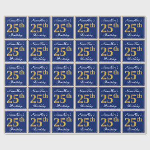 Elegant, Blue, Faux Gold 25th Birthday + Name Wrapping Paper