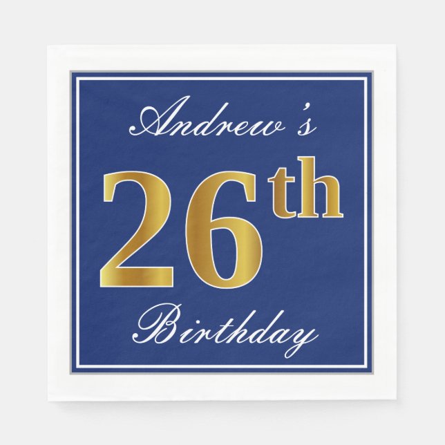 Elegant Blue, Faux Gold 26th Birthday; Custom Name Napkins (Front)