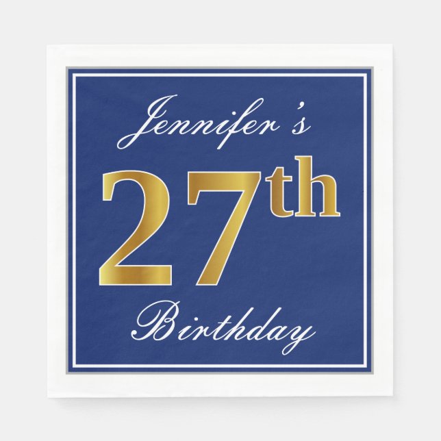 Elegant Blue, Faux Gold 27th Birthday; Custom Name Napkins (Front)