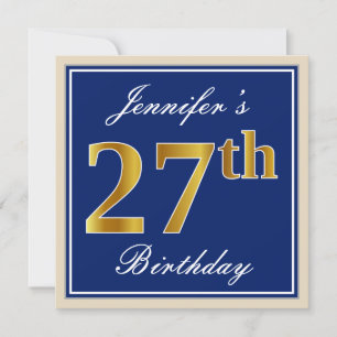 Elegant, Blue, Faux Gold 27th Birthday + Name Invitation