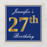 [ Thumbnail: Elegant, Blue, Faux Gold 27th Birthday + Name Invitation ]