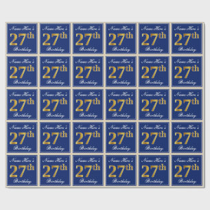 Elegant, Blue, Faux Gold 27th Birthday + Name Wrapping Paper