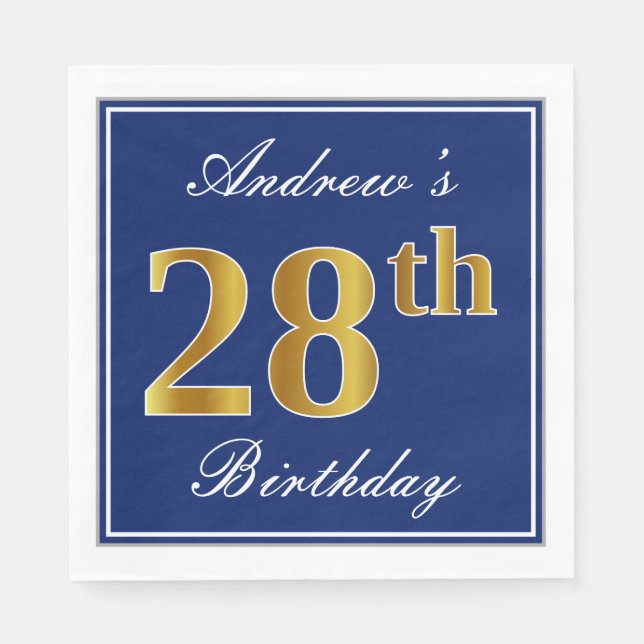 Elegant Blue, Faux Gold 28th Birthday; Custom Name Napkins (Front)