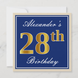 Elegant, Blue, Faux Gold 28th Birthday + Name Invitation