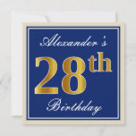 [ Thumbnail: Elegant, Blue, Faux Gold 28th Birthday + Name Invitation ]