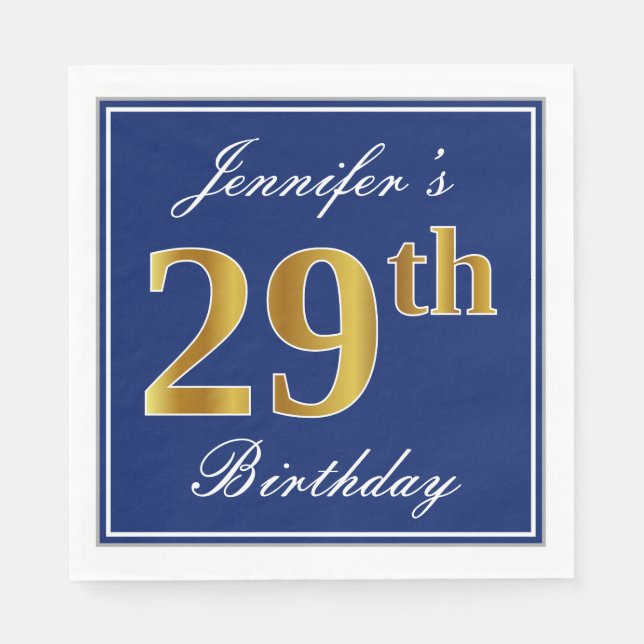 Elegant Blue, Faux Gold 29th Birthday; Custom Name Napkins (Front)