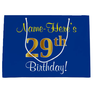 Elegant, Blue, Faux Gold 29th Birthday + Name Large Gift Bag