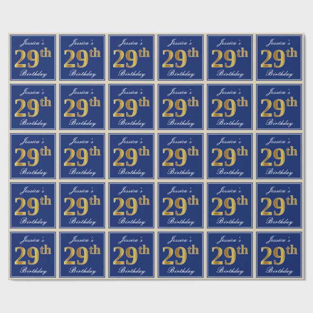 Elegant, Blue, Faux Gold 29th Birthday + Name Wrapping Paper (Flat)