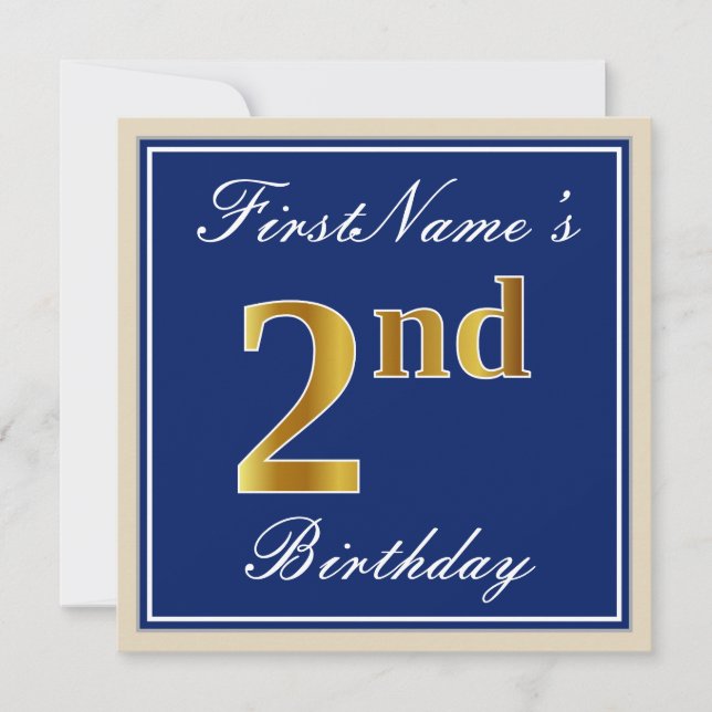 Elegant, Blue, Faux Gold 2nd Birthday; Custom Name Invitation (Front)