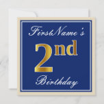 [ Thumbnail: Elegant, Blue, Faux Gold 2nd Birthday; Custom Name Invitation ]