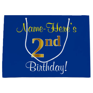 Elegant, Blue, Faux Gold 2nd Birthday; Custom Name Large Gift Bag