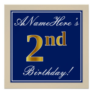 Elegant, Blue, Faux Gold 2nd Birthday; Custom Name Poster