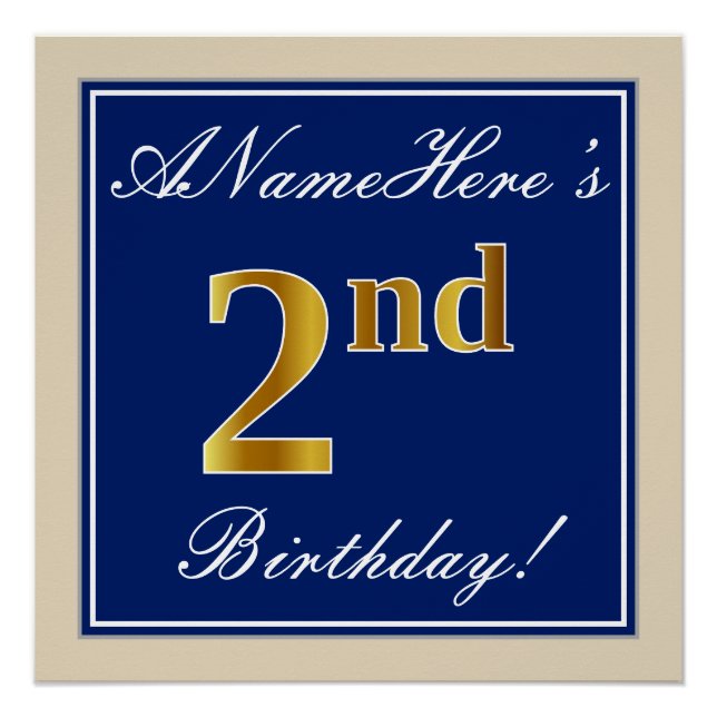 Elegant, Blue, Faux Gold 2nd Birthday; Custom Name Poster (Front)