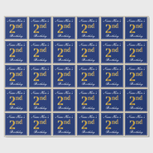 Elegant, Blue, Faux Gold 2nd Birthday; Custom Name Wrapping Paper