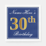 [ Thumbnail: Elegant Blue, Faux Gold 30th Birthday; Custom Name Napkins ]