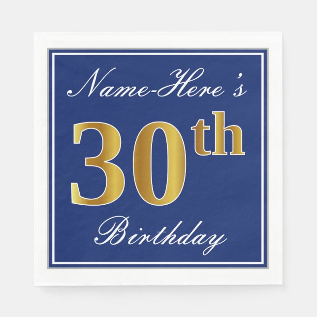 Elegant Blue, Faux Gold 30th Birthday; Custom Name Paper Napkins (Front)
