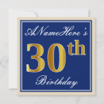 [ Thumbnail: Elegant, Blue, Faux Gold 30th Birthday + Name Invitation ]