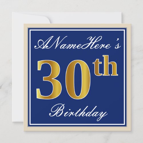 Elegant Blue Faux Gold 30th Birthday  Name Invitation