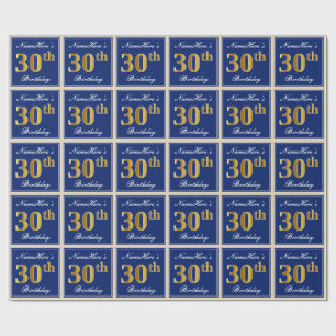 Elegant, Blue, Faux Gold 30th Birthday + Name Wrapping Paper