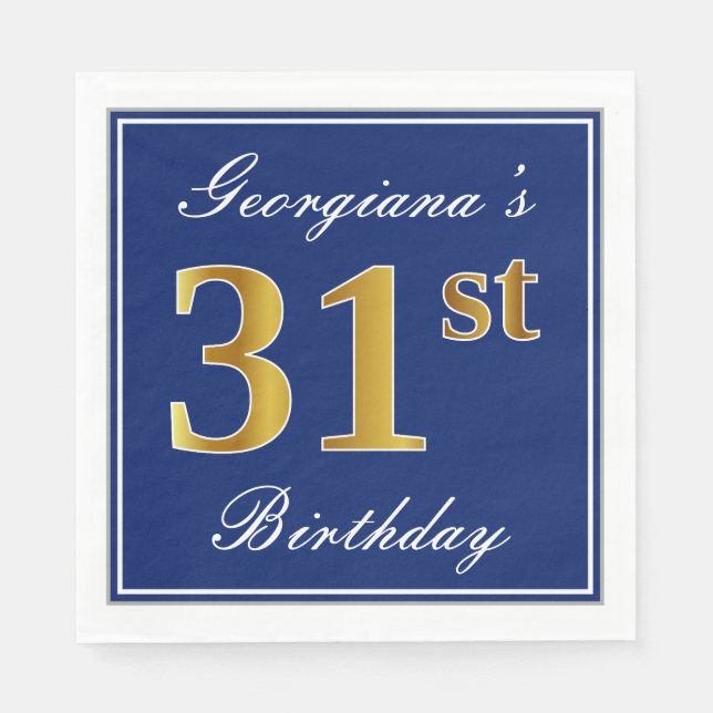 Elegant Blue, Faux Gold 31st Birthday; Custom Name Napkins (Front)