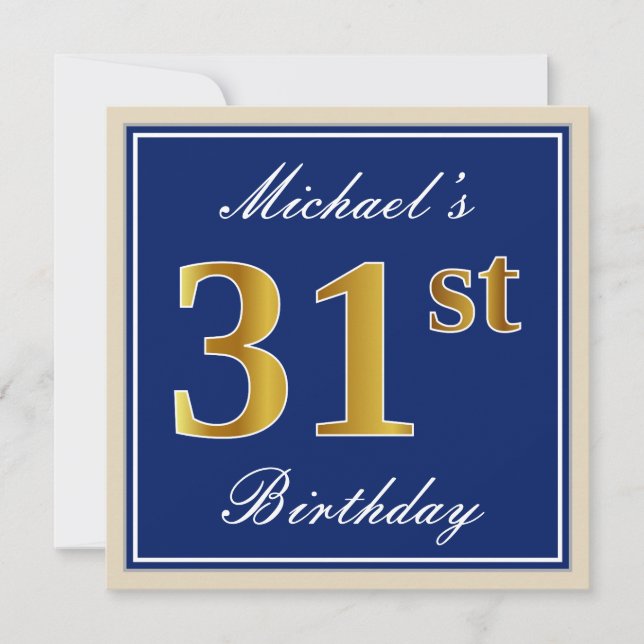 Elegant, Blue, Faux Gold 31st Birthday + Name Invitation (Front)