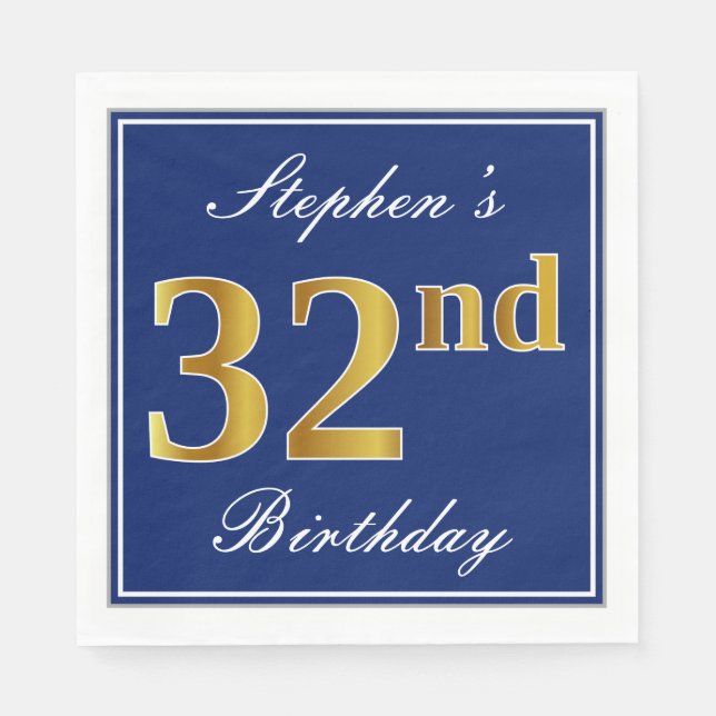 Elegant Blue, Faux Gold 32nd Birthday; Custom Name Napkins (Front)
