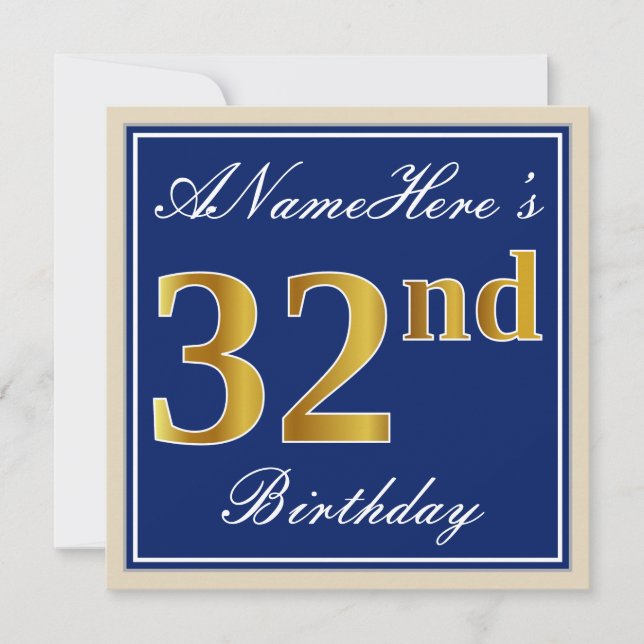 Elegant, Blue, Faux Gold 32nd Birthday + Name Invitation (Front)
