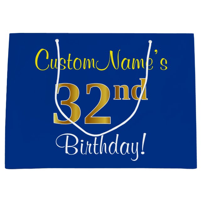 Elegant, Blue, Faux Gold 32nd Birthday + Name Large Gift Bag (Front)
