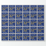 [ Thumbnail: Elegant, Blue, Faux Gold 32nd Birthday + Name Wrapping Paper ]