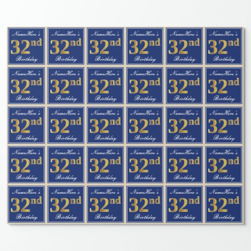Elegant Blue Faux Gold 32nd Birthday  Name Wrapping Paper