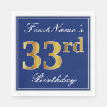 [ Thumbnail: Elegant Blue, Faux Gold 33rd Birthday; Custom Name Napkins ]
