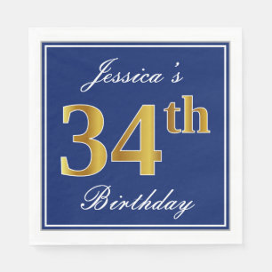 Elegant Blue, Faux Gold 34th Birthday; Custom Name Napkins