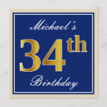 [ Thumbnail: Elegant, Blue, Faux Gold 34th Birthday + Name Invitation ]