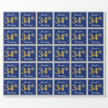 [ Thumbnail: Elegant, Blue, Faux Gold 34th Birthday + Name Wrapping Paper ]