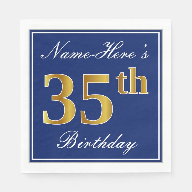 Elegant Blue, Faux Gold 35th Birthday; Custom Name Paper Napkins (Front)