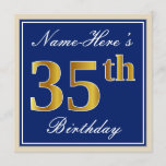 [ Thumbnail: Elegant, Blue, Faux Gold 35th Birthday + Name Invitation ]