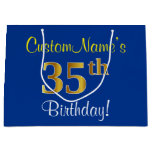[ Thumbnail: Elegant, Blue, Faux Gold 35th Birthday + Name Gift Bag ]
