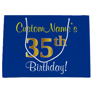 Elegant, Blue, Faux Gold 35th Birthday + Name Large Gift Bag