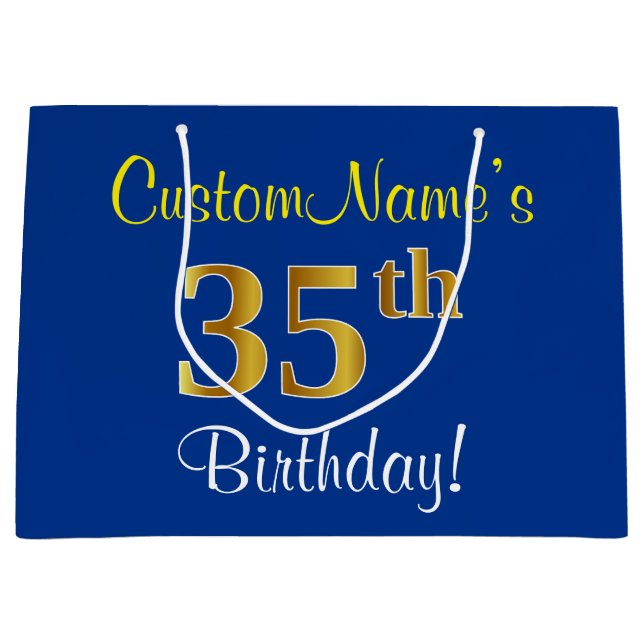 Elegant, Blue, Faux Gold 35th Birthday + Name Large Gift Bag (Front)