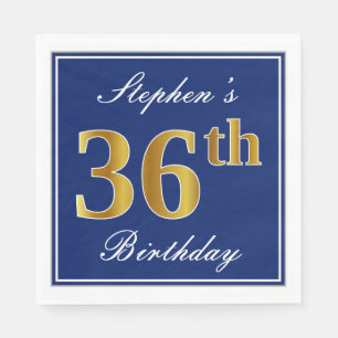 Elegant Blue, Faux Gold 36th Birthday; Custom Name Napkins
