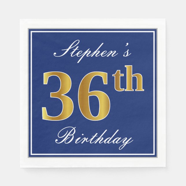 Elegant Blue, Faux Gold 36th Birthday; Custom Name Napkins (Front)