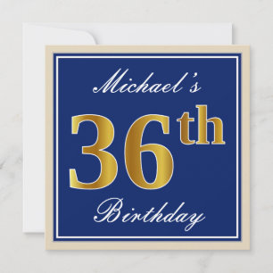 Elegant, Blue, Faux Gold 36th Birthday + Name Invitation