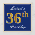 [ Thumbnail: Elegant, Blue, Faux Gold 36th Birthday + Name Invitation ]