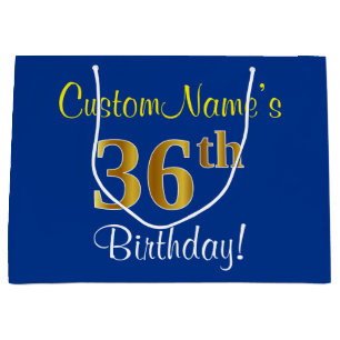 Elegant, Blue, Faux Gold 36th Birthday + Name Large Gift Bag