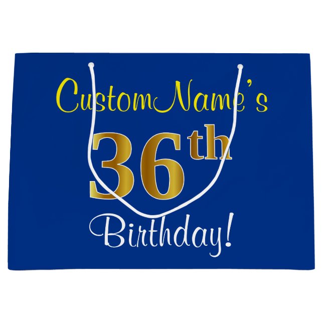 Elegant, Blue, Faux Gold 36th Birthday + Name Large Gift Bag (Front)