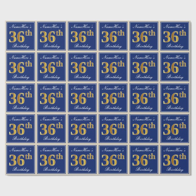 Elegant, Blue, Faux Gold 36th Birthday + Name Wrapping Paper (Flat)
