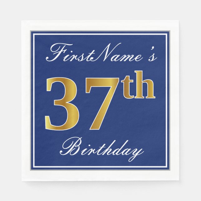 Elegant Blue, Faux Gold 37th Birthday; Custom Name Napkins (Front)